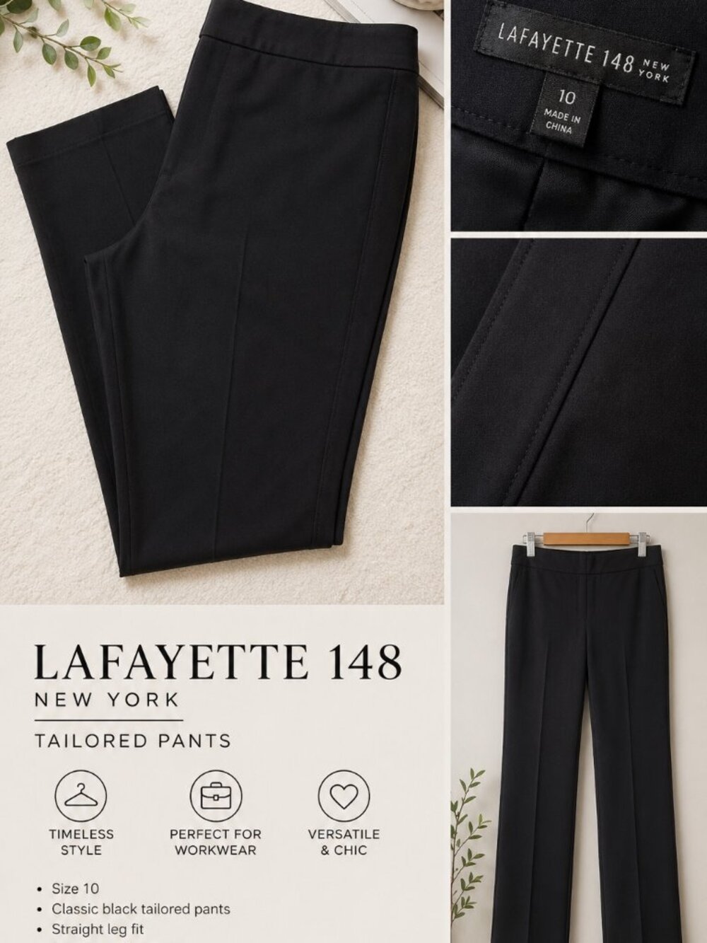 Lafayette 148 Black Tailored Pants Size 10 Straight Leg Luxury Workwear